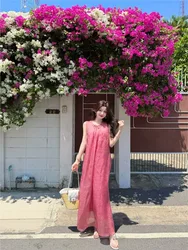 Two-piece vacation long dress set with silk mellow-dyed halter top