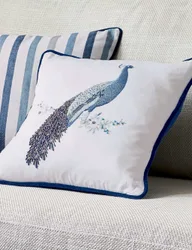 Pure Cotton Peacock Beaded Cushion Blue Mix