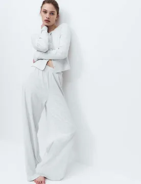 Cotton Rich Ribbed Wide Leg Pyjama Bottoms Grey Marl female - M&S - FashionsVida