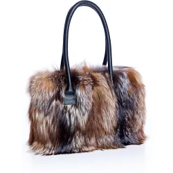 Bolso de mano de pelo de zorro con asa de cuero en color