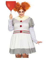 Gruseliges Clown-Kostüm für Damen in Übergröße Halloween-Kostüm grau-rot - female