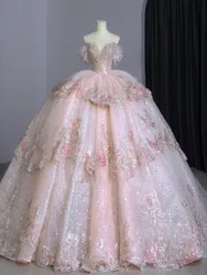 A new heavy pink dress with large tail and one-shoulder design for women