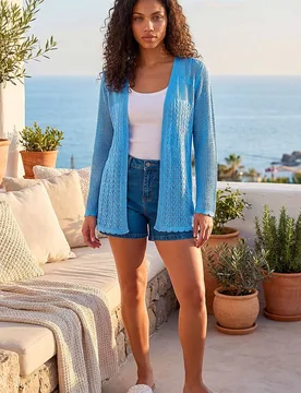 Women's Petite Pointelle Knit Cardigan Sweater in Blue Size: 14 - Blue - Size: 14 - Roman - FashionsVida