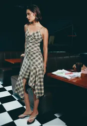 Asymmetrisches Midikleid mit Karomuster Beige XS