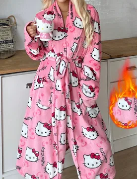 SANRIO Hello Kitty 1 pieza Bata de felpa para mujer, ropa de estar en casa linda, elegante y cómoda, adecuada para otoño/invierno XXS - Shein - FashionsVida