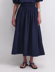 Pure Cotton Shirred Waist Midi Skirt Navy female