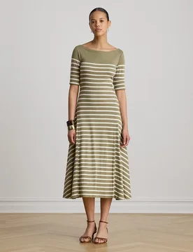 Vestido midi de algodón acanalado con rayas - Lauren Ralph Lauren - FashionsVida