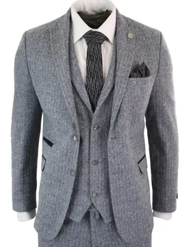 Mens 3 Piece Grey Herringbone Tweed Suit - Size 52 (Chest) - TruClothing - FashionsVida