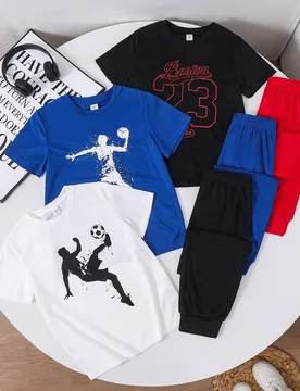 Conjunto de 6 piezas de camiseta de manga corta con cuello redondo y pantalones estampados deportivos de estilo casual y elegante para niños preadole - Shein - FashionsVida