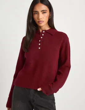 Womens Button Collared Knitted Jumper - Burgundy - Boohoo - FashionsVida