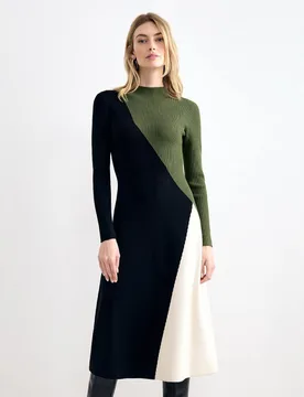 Knitted Colour Block Funnel Neck Midi Dress Black Mix female - Phase Eight - FashionsVida