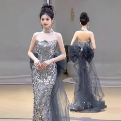 Shiny silver cinched waist fishtail strapless dress for toasting banquet performance hosts