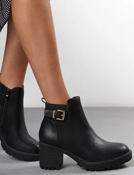 Wheres Womens 'Katie' Faux Leather Chunky Heel Ankle Boots With Buckle - Black - Size Uk 4 - Where's That From - FashionsVida