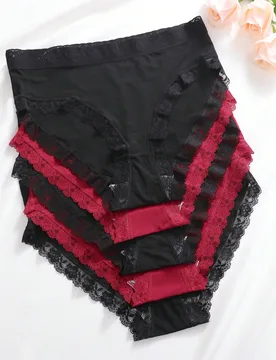Juego de 5 bragas de cintura alta con ribete de encaje de unicolor para mujer 4XL - Shein - FashionsVida