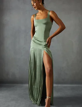 Womens Premium Satin Square Pleated Skirt Bridesmaid Dress - Green - Size 10 Uk - misspap - FashionsVida