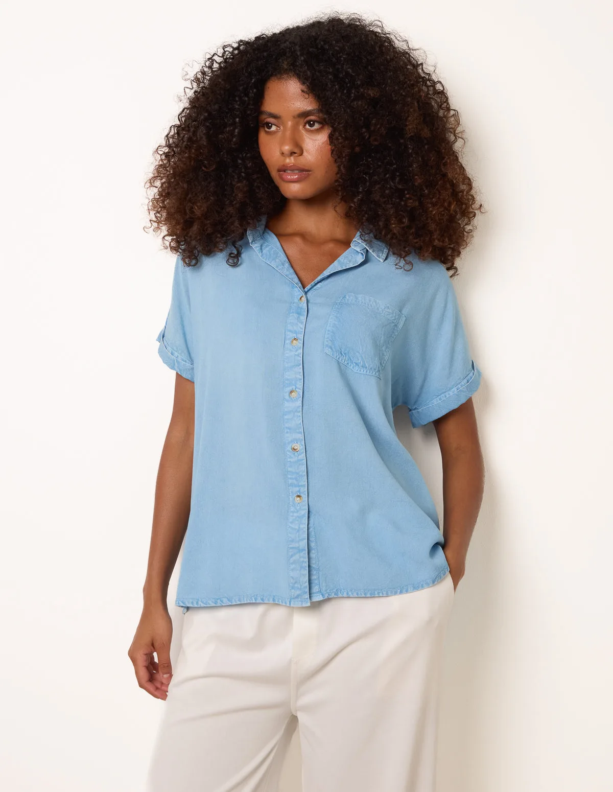 Button Front Shirt - S / LIGHT DENIM - female - Blue Vanilla - FashionsVida