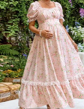 Vestido de maternidad con estampado floral pequeño, ribete con volantes, lazo delantero, manga corta de pétalo, para vacaciones, verano, fiesta eleg - Shein - FashionsVida