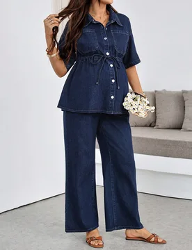 Conjunto de maternidad con camisa de un solo pecho, doble bolsillo y lazo delantero, y pantalones largos casuales de mezclilla XXL - Shein - FashionsVida