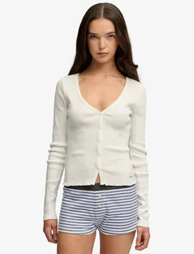 Superdry Damen Essential Langarmoberteil mit Knopfleiste Weiß - Größe: 44 - 34.99 - FashionsVida