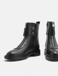 Leather Biker Buckle Block Heel Round Toe Boot Black female