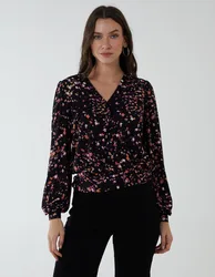 Wrap Front Deep Hem Band Top - S / BLACK PATTERN - female