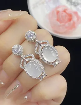 Natural White Chalcedony Gray Agate Three-Piece Set Full Diamond Open Ring for Women Elegant Luxurious Pendant Earrings - Aliexpress - FashionsVida