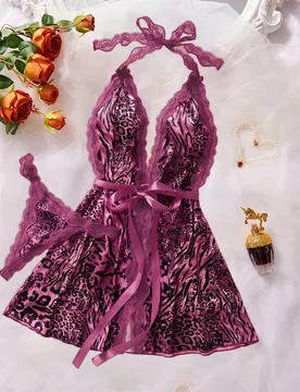 Set de 2 piezas de camisón sexy con contraste de encaje y malla (cuello halter + sexy + estampado animal + pantie) XL - Shein - FashionsVida
