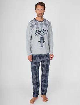 Pijama largo de hombre con estampado motero y pantalón de cuadros - Massana - FashionsVida