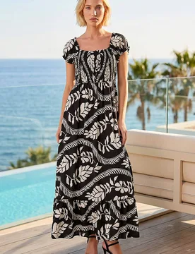 Women's Leaf Print Shirred Maxi Dress in Black Size: 12 - Black - Size: 12 - Roman - FashionsVida