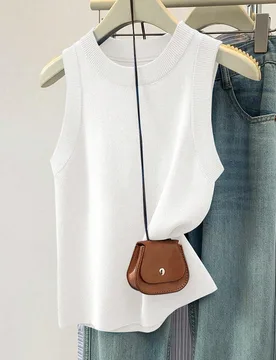 Top de punto sin mangas de cuello redondo de unicolor, estilo casual minimalista básico para mujer, blanco para brunch de verano S - Shein - FashionsVida