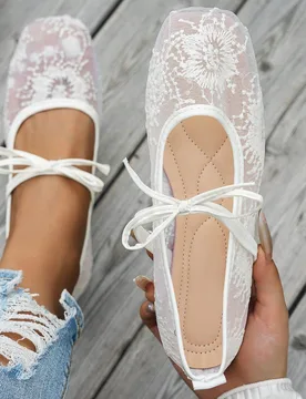 Zapatos planos de mujer con lazo y punta cuadrada, zapatos casuales de punto, zapatos de ballet casuales de talla grande, zapatos slip-on de bajo empe - Shein - FashionsVida