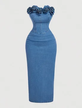 Vestido de mezclilla con parte superior tipo tubo y decoración floral para mujer de talla grande 3XL - Shein - FashionsVida