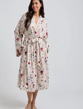 Corina Kimono Style Pressed Floral Print Robe In Cream - S - Lily and Lionel London Limited - FashionsVida