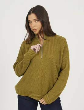 Womens Olive Half Zip Funnel Neck Fisherman Knit Jumper - Size X-Small - Brave soul - FashionsVida
