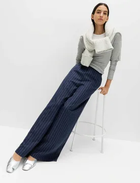 Pinstripe Elasticated Waist Wide Leg Trousers Navy Mix female - M&S - FashionsVida