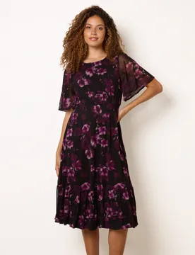 Mesh Floral Crew Midi Dress - S / BLACK - female - Blue Vanilla - FashionsVida