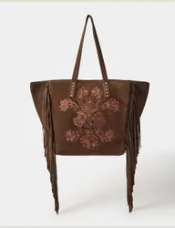 Suede Embroidered Fringed Tote Bag Chocolate female