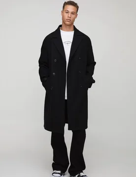 Herren Langer zweireihiger Mantel in Wolloptik in Schwarz Black Größe Small - boohooMAN - FashionsVida