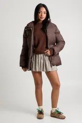 Womens Cinch Waist Hooded Puffer Jacket - Mocha Polyamide - Size 12 Uk