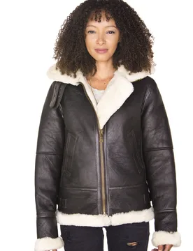 Womens Hooded Sheepskin Flying Jacket-Palermo - Brown - Size 14 Uk - Infinity Leather - FashionsVida