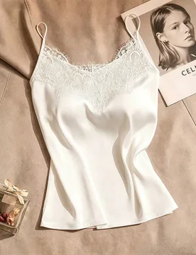 Camiseta sin mangas de encaje blanco para mujer, diseño de blazer de satén de acetato, top de chaleco elegante y sexy para el verano S - Shein - FashionsVida