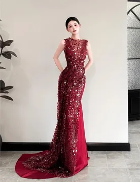 New wine red dress with a small tail for toasting banquet host - Aliexpress - FashionsVida