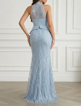 Elegante vestido de 2 en 1 con cuello alto transparente con lentejuelas, perlas y rhinestones, con falda de estilo sirena, perfecto para eventos forma - Shein - FashionsVida