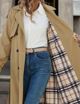 Abrigo largo tipo trench elegante francés para mujer, manga raglán larga, doble botonadura, resistente al agua, casual, para otoño, viajes, negocio - Shein - FashionsVida