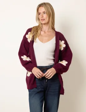 Daisy Large Flower Cardigan - S/M / WINE - female - Blue Vanilla - FashionsVida
