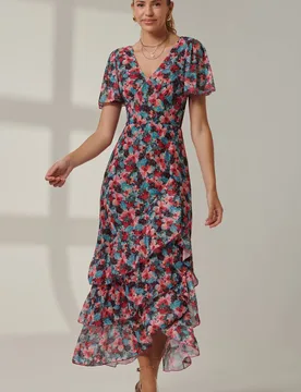 Women's Angel Sleeve Tiered Hem Maxi Dress Size: 10 - Multicolor - Size: 10 - Jolie Moi - FashionsVida
