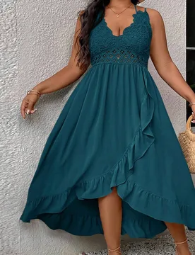 Vestido mini con volantes, parches y tirantes casual de vacaciones para tallas grandes 0XL - Shein - FashionsVida