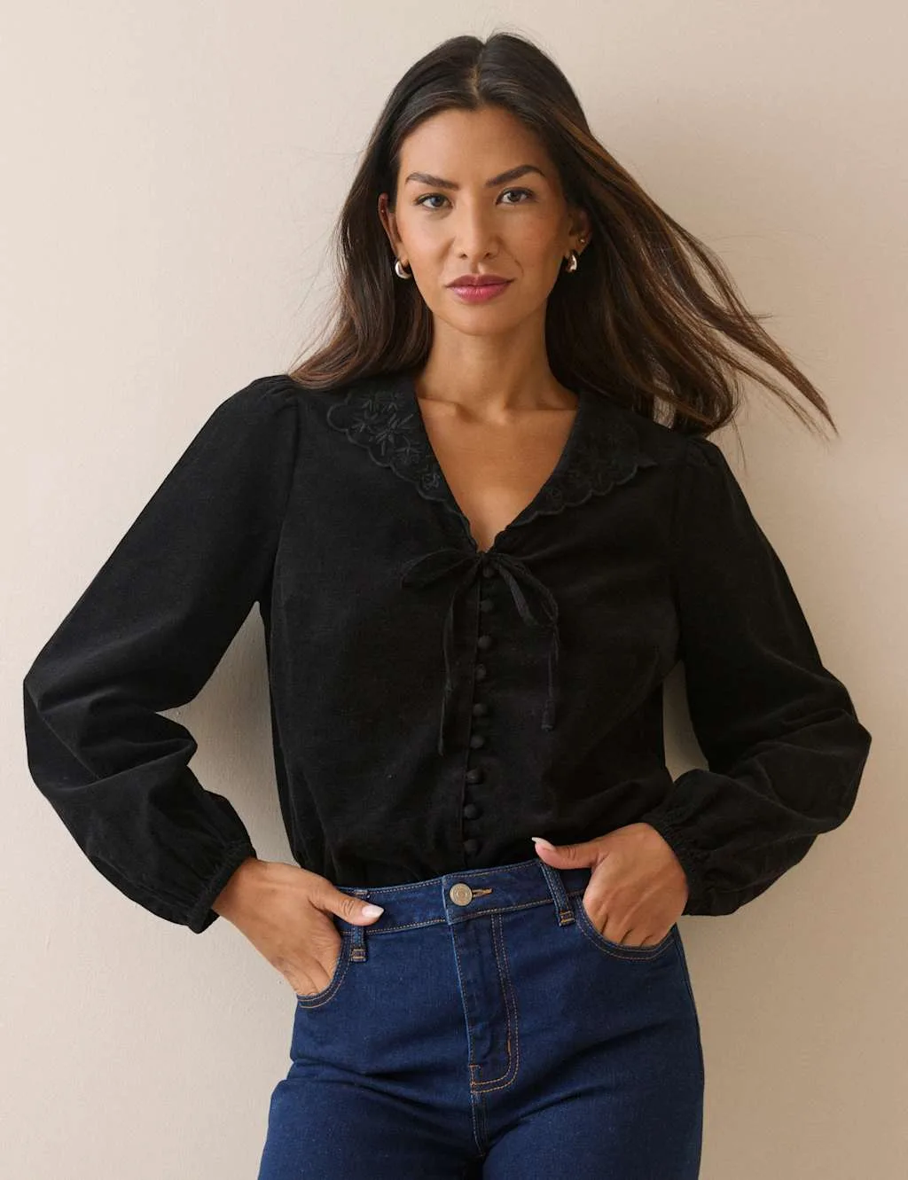Cord Collared V-Neck Blouse Black female - Nobody's Child - FashionsVida