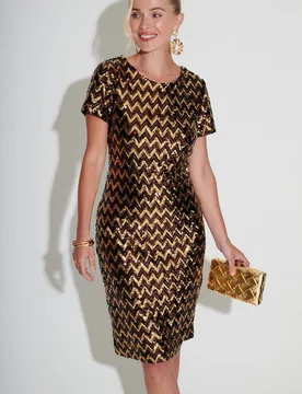 Women's Chevron Sequin Cap Sleeve Dress in Brown Size: 12 - Brown - Size: 12 - Klass. - FashionsVida