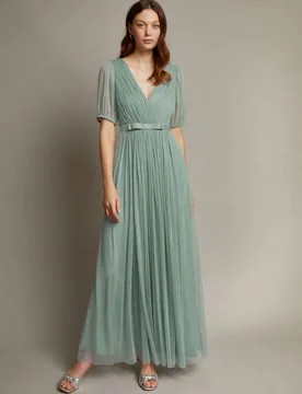 V-Neck Sheer Sleeve Maxi Waisted Dress Light Green female - Monsoon - FashionsVida